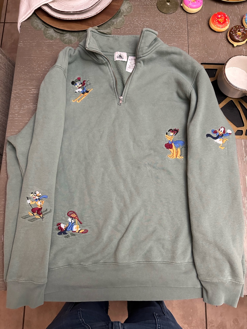Disney Men's Sage Green Zip-Up Sweater with Embroidered Characters
